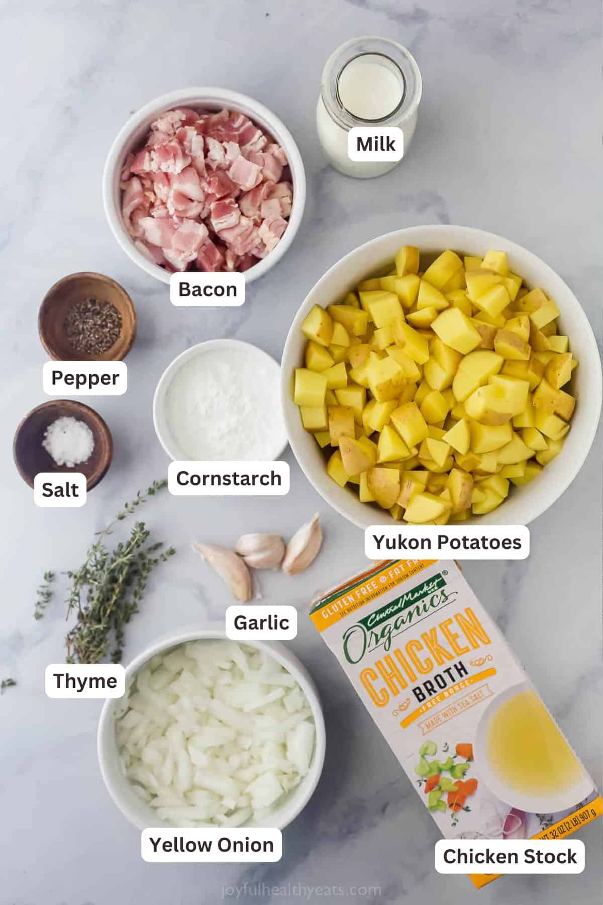 This Instant Pot Potato Soup is rich, creamy, and the perfect comfort food. Top it with cheese, crumbled bacon, and sour cream! Ingredients for Creamy Instant Pot Potato Soup.