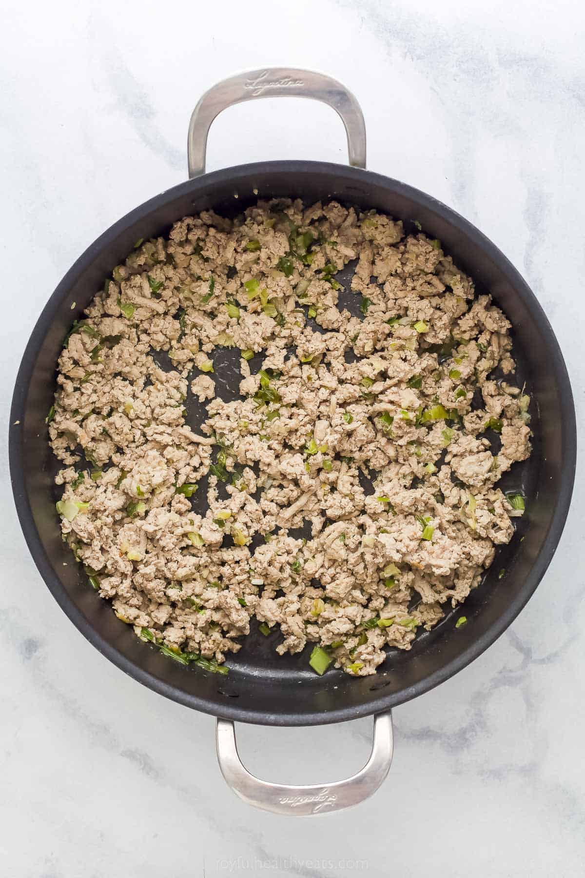 cooked ground turkey in a pan
