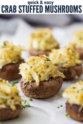 pinterest image for Quick Crab Stuffed Mushrooms