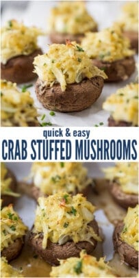 pinterest image for Quick Crab Stuffed Mushrooms