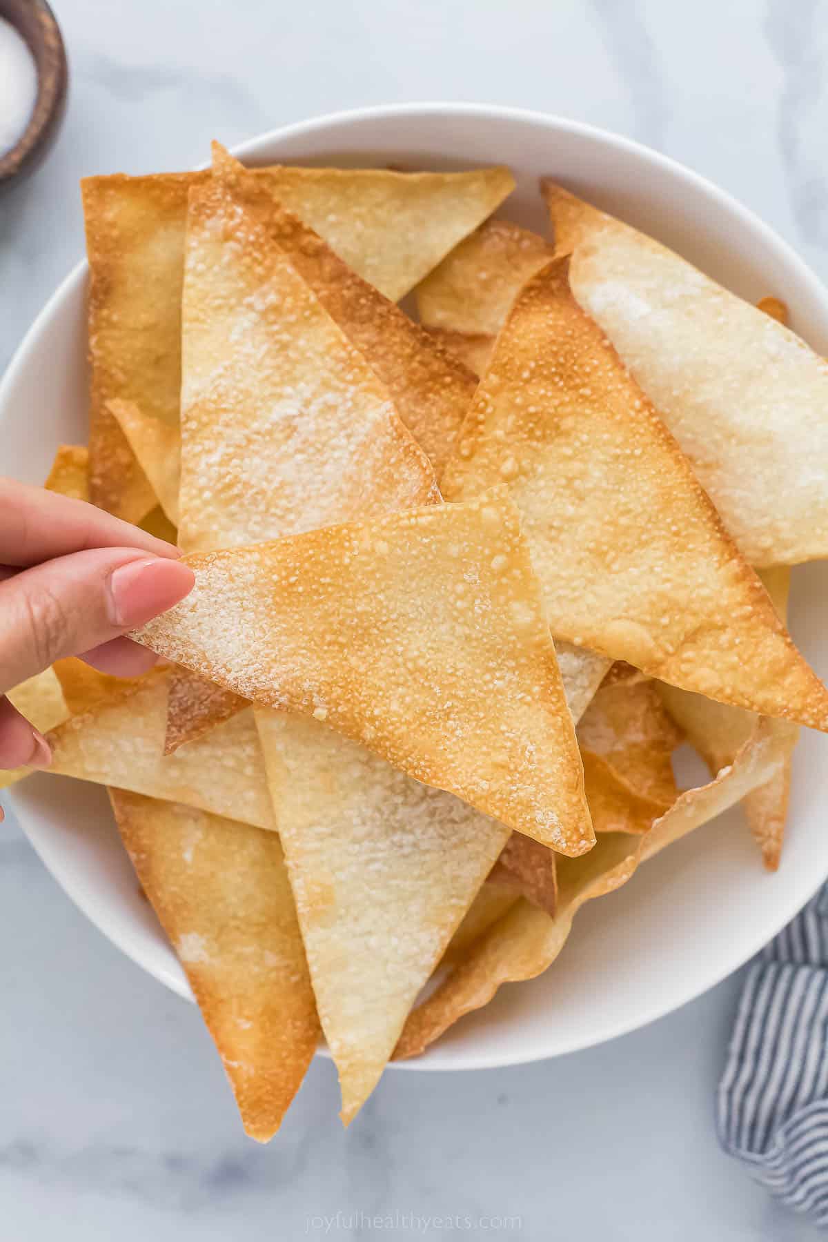 air fryer wonton chips in a bowl