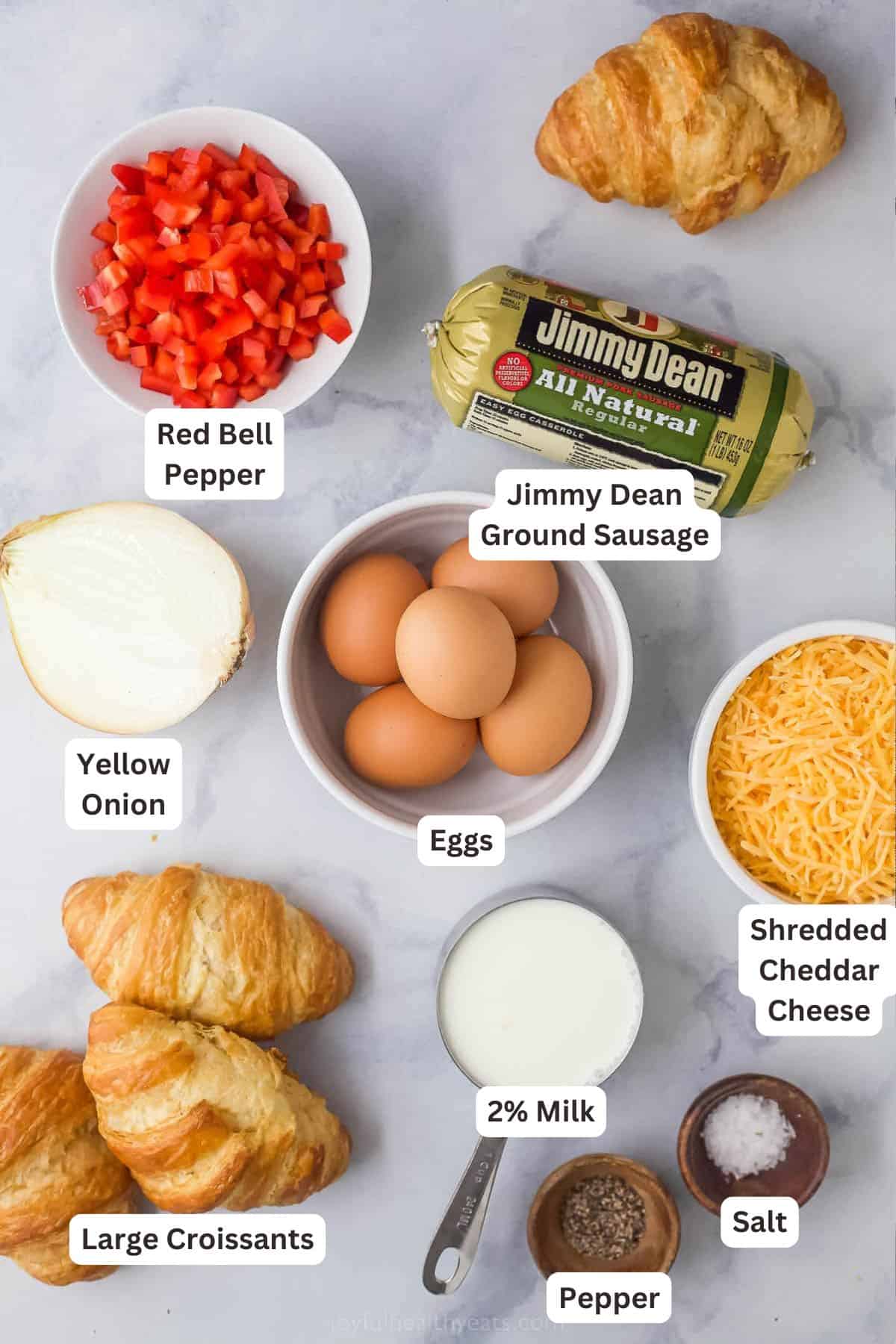 Ingredients for Croissant Breakfast Casserole with Sausage.