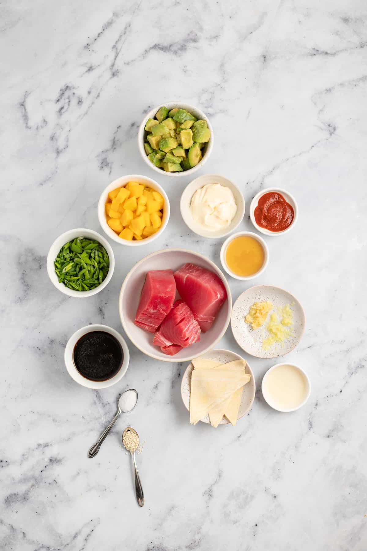 Ahi Tuna Poke Nachos are a unique shareable snack. They are made with homemade wonton chips, seasoned ahi tuna, mango, and avocado. ingredients to make ahi tuna poke nachos like wontons, tuna, avocado, mango, and other seasonings