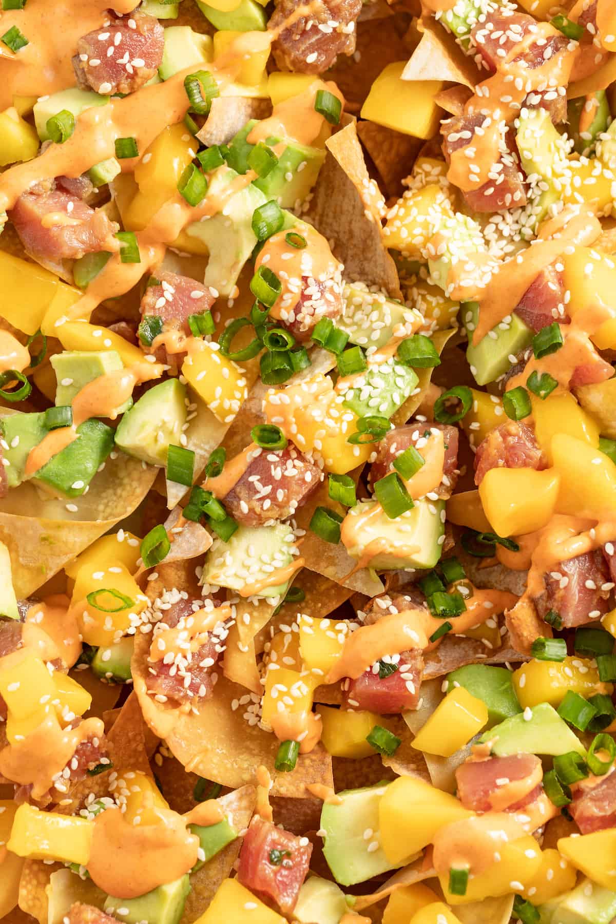 Ahi Tuna Poke Nachos are a unique shareable snack. They are made with homemade wonton chips, seasoned ahi tuna, mango, and avocado. close up of ahi tuna poke nachos