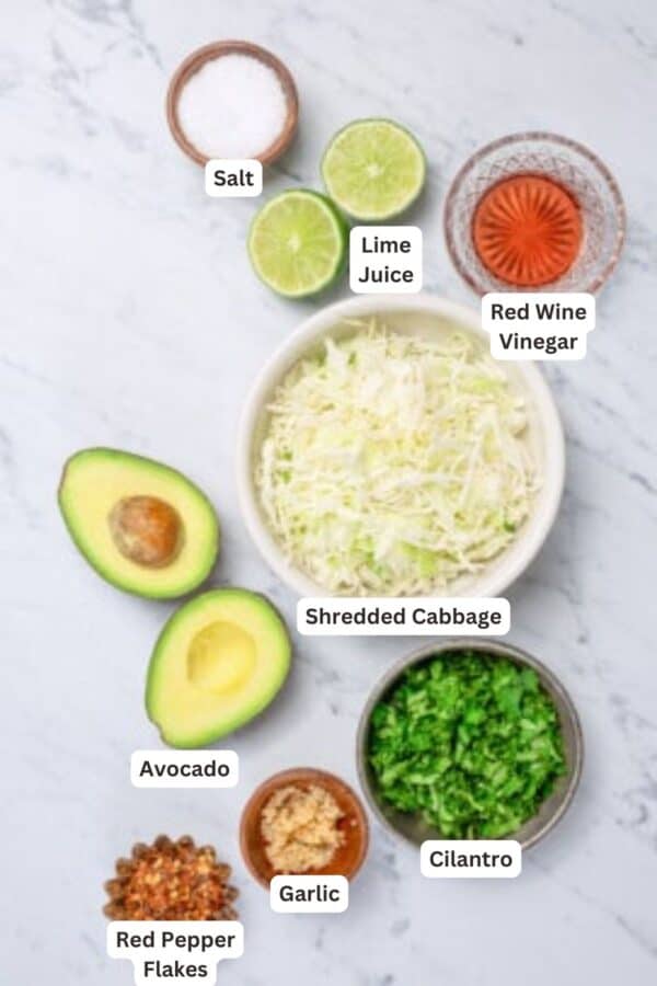 Ingredients for Salmon Tacos with Creamy Slaw.