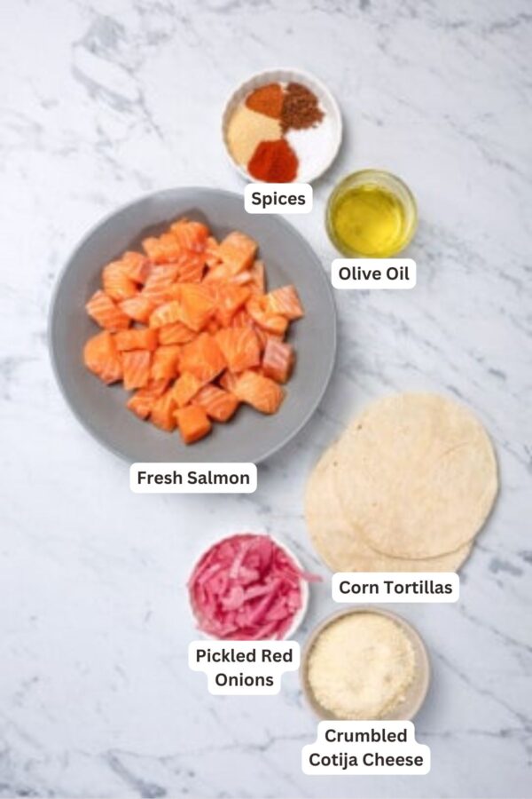 Ingredients for Salmon Tacos with Creamy Slaw.