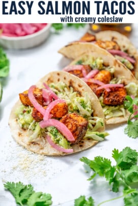 pinterst image for Easy Salmon Tacos with Creamy Slaw