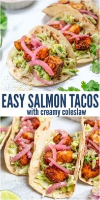 pinterest image for Easy Salmon Tacos with Creamy Slaw