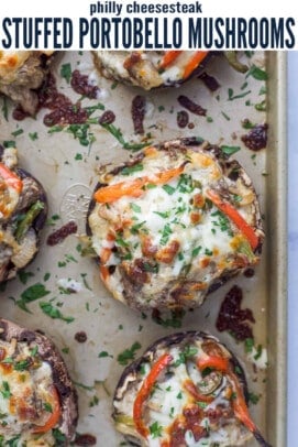 pinterest image for Healthy Philly Cheesesteak Stuffed Mushrooms