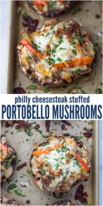 pinterest image for Healthy Philly Cheesesteak Stuffed Mushrooms