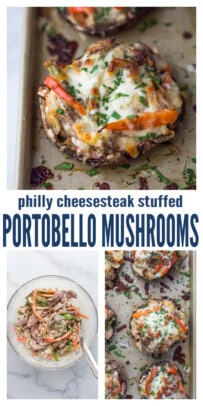 pinterest image for Healthy Philly Cheesesteak Stuffed Mushrooms