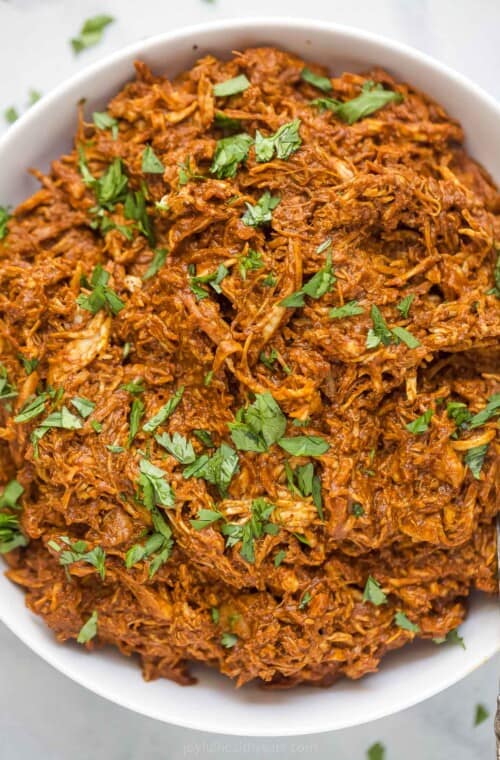 shredded chicken tossed in a dark red mole sauce topped with fresh herbs