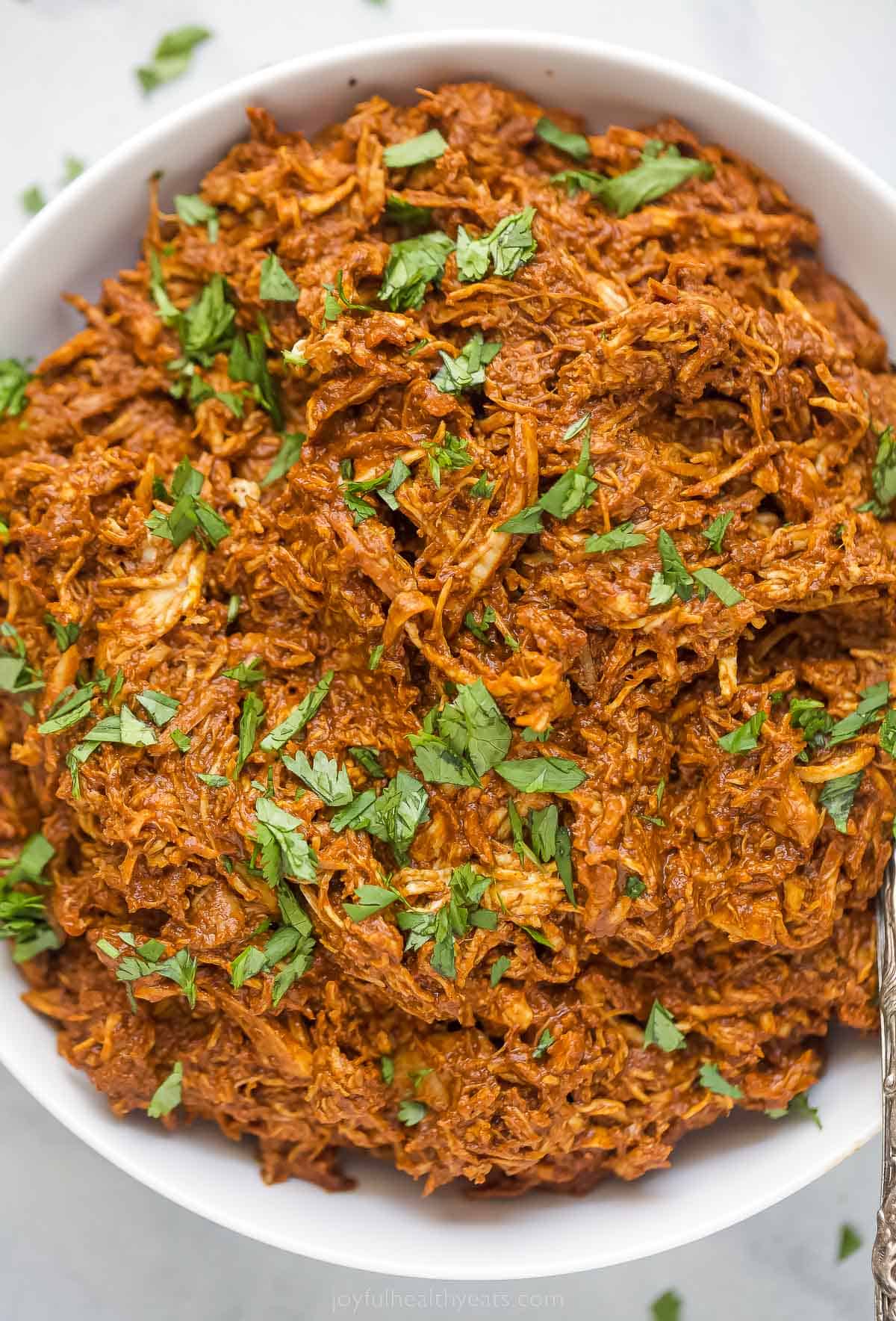 shredded chicken tossed in a dark red mole sauce topped with fresh herbs