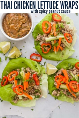 pinterest image for Thai Chicken Lettuce Wraps with Spicy Peanut Sauce