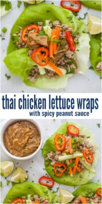 pinterest image for Thai Chicken Lettuce Wraps with Spicy Peanut Sauce