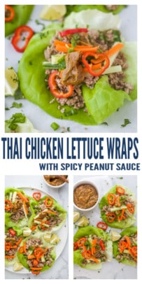 pinterest image for Thai Chicken Lettuce Wraps with Spicy Peanut Sauce