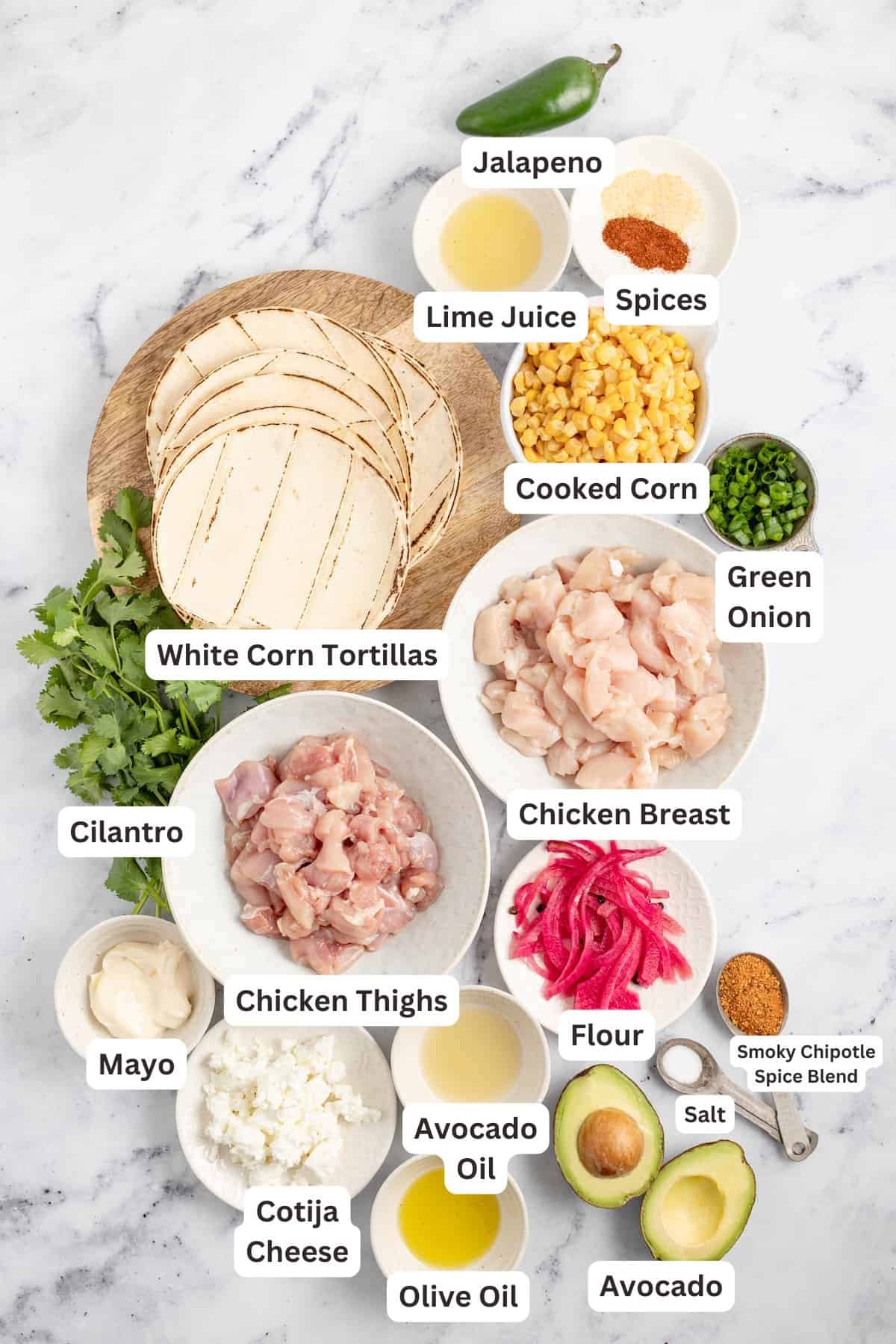 Ingredients for Chicken Street Tacos with Mexican Street Corn.