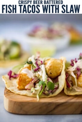 pinterest image for Beer Battered Air Fryer Fish Tacos