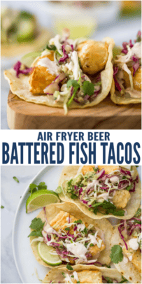 pinterest image for Beer Battered Air Fryer Fish Tacos