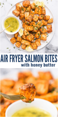 pinterest image for Air Fryer Salmon Bites with Honey Butter