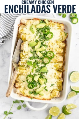 pinterest image for Creamy Chicken Enchiladas Verde