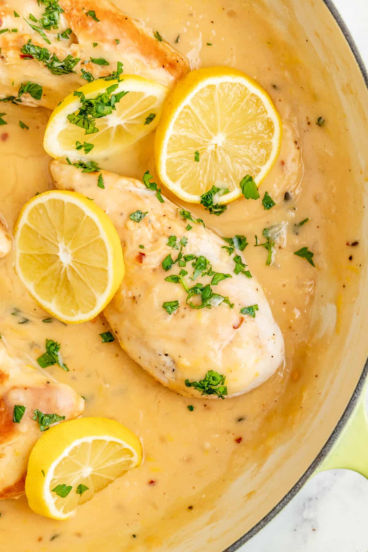 Close-up of lemon chicken in the pan.