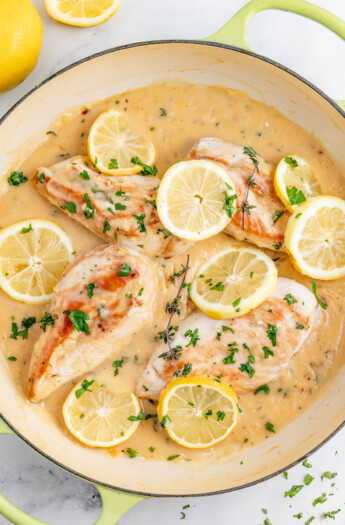 Lemon chicken in the pan.