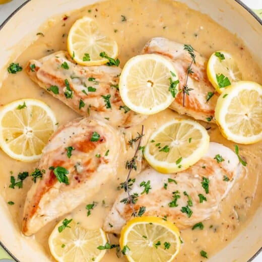 Lemon chicken in the pan.