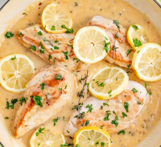 Lemon chicken in the pan.