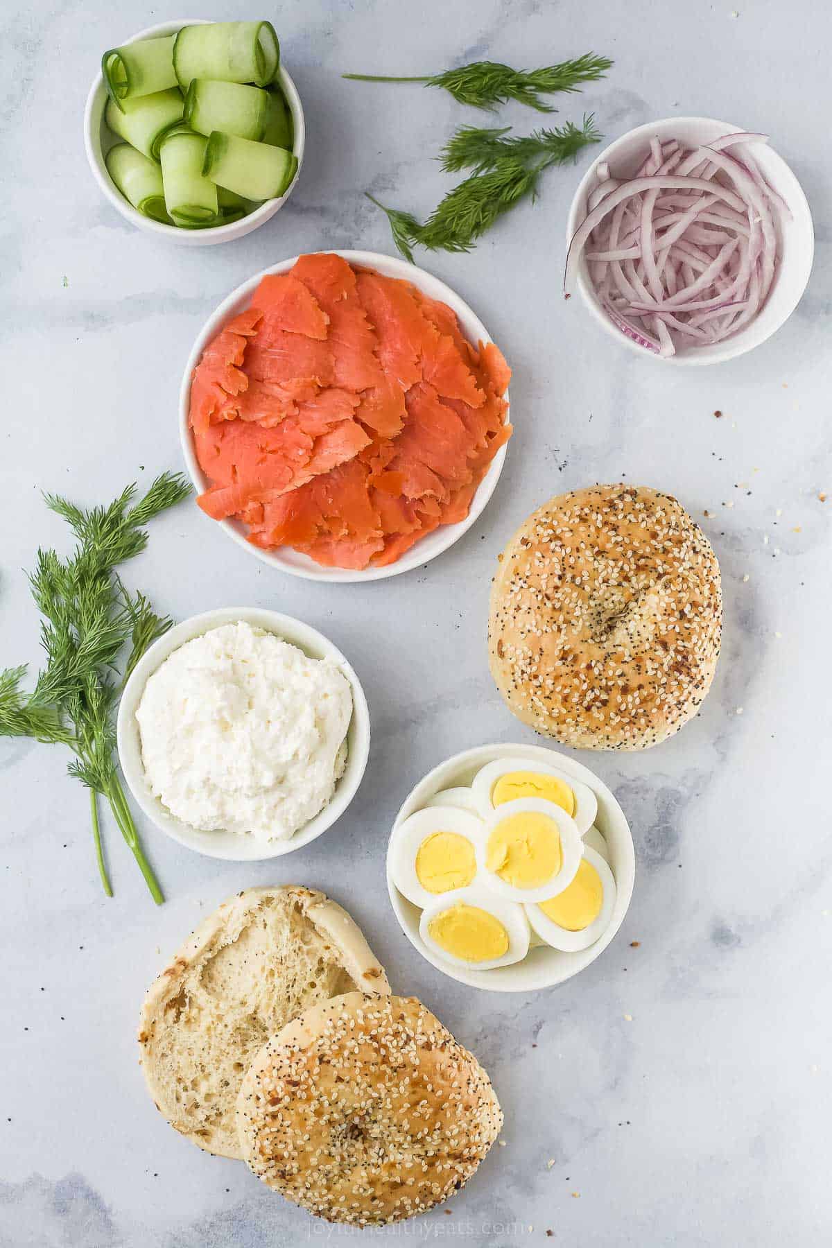 Topped with cream cheese, this bagel and lox recipe is the perfect 5-minute breakfast. It's crunchy, savory, spicy, and packed with veggies! Ingredients for bagel and lox.