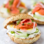 Assembled bagel and lox.