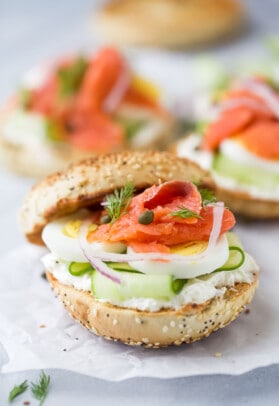 Assembled bagel and lox.