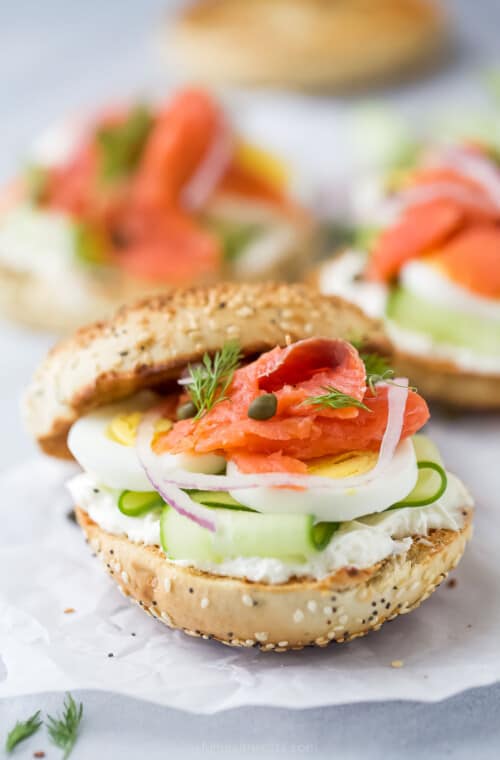 Assembled bagel and lox.