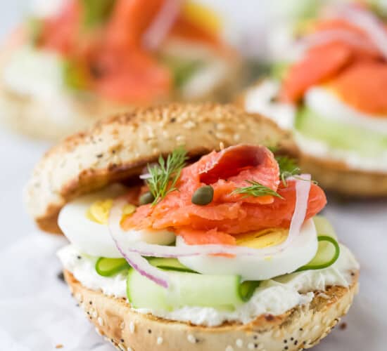 Assembled bagel and lox.