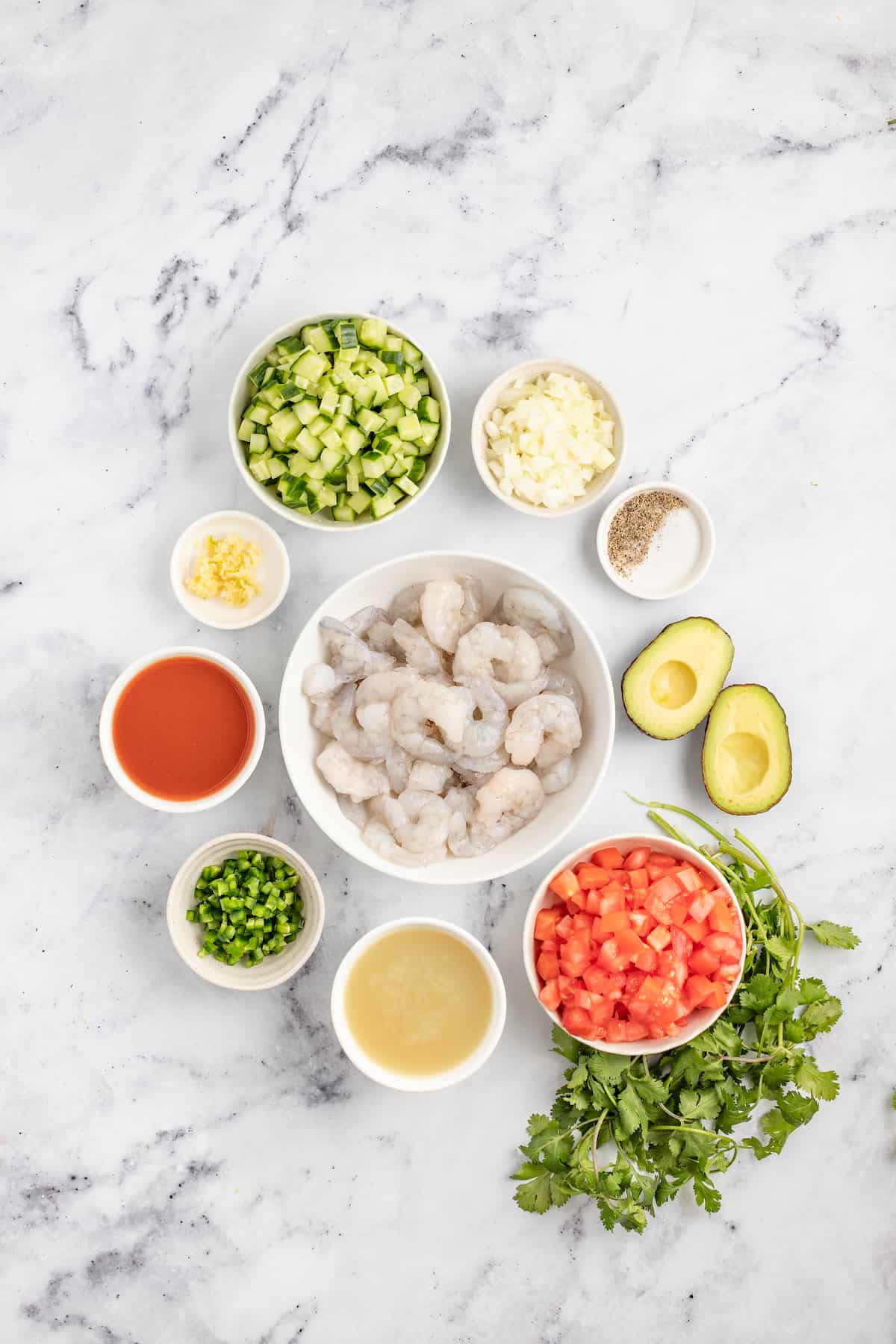 Ingredients for ceviche de camaron.