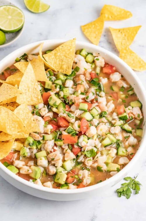 Bowl of camaron ceviche with corn chips.