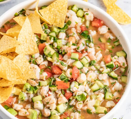 Bowl of camaron ceviche with corn chips.