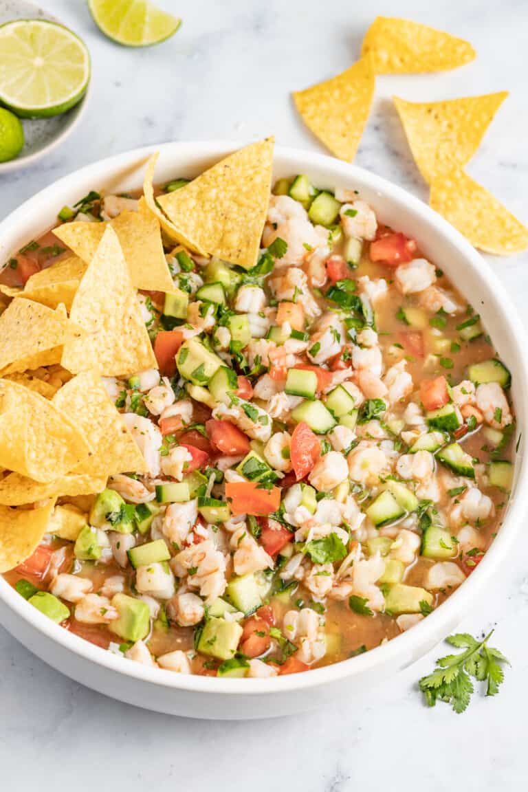 Bowl of camaron ceviche with corn chips.