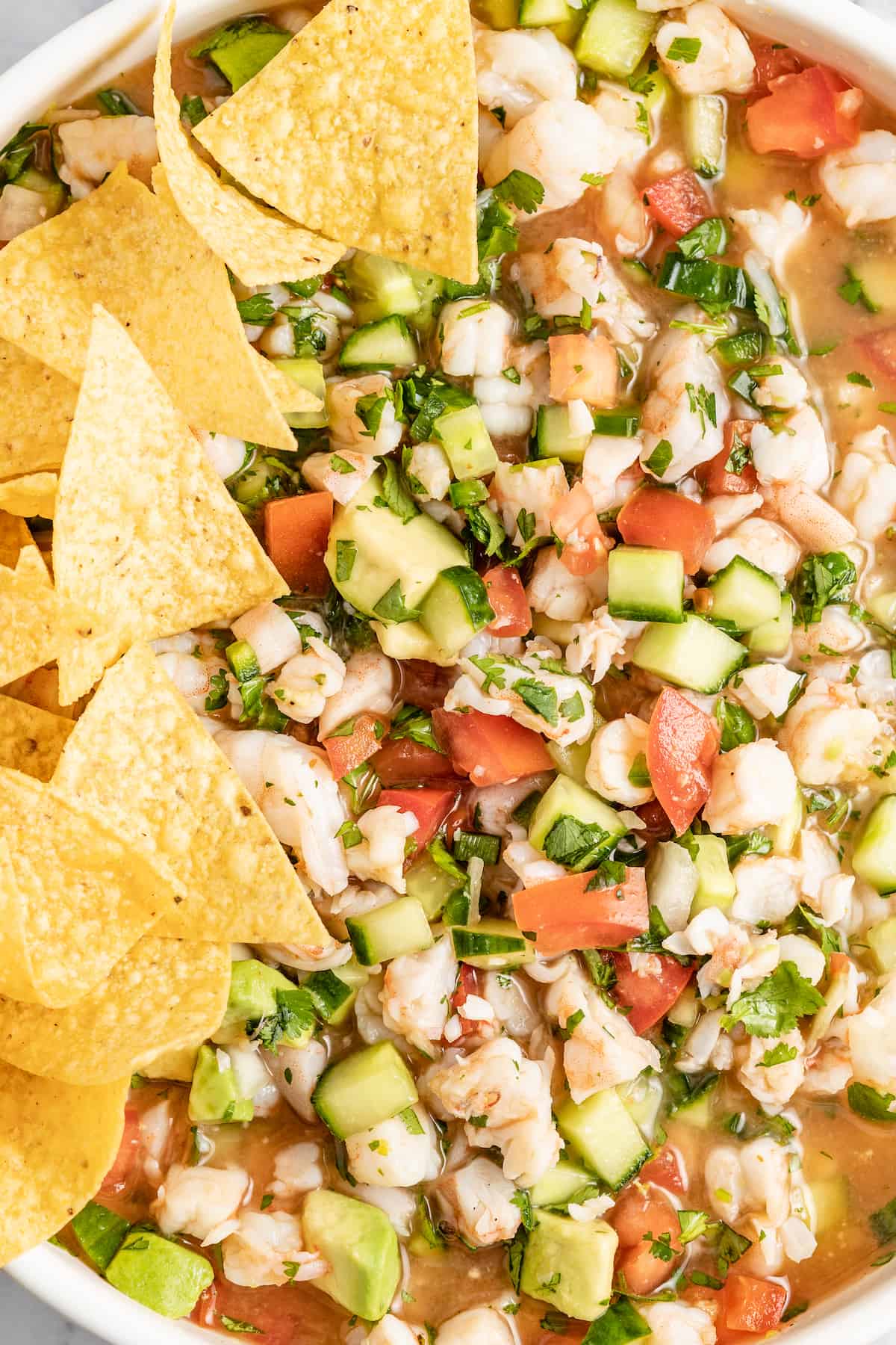Close-up of ceviche de camaron with tortilla chips. 