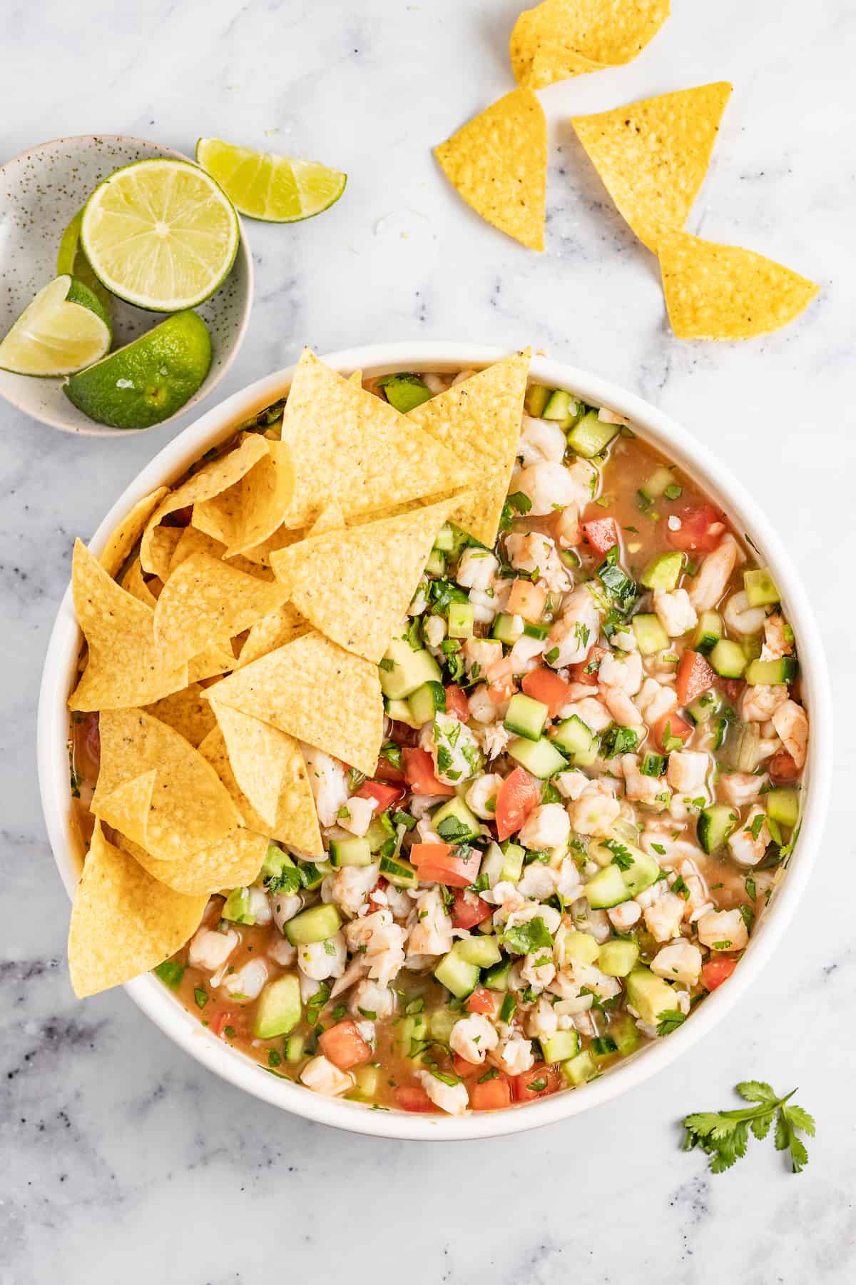 Bowl of ceviche de camaron with tortilla chips. 