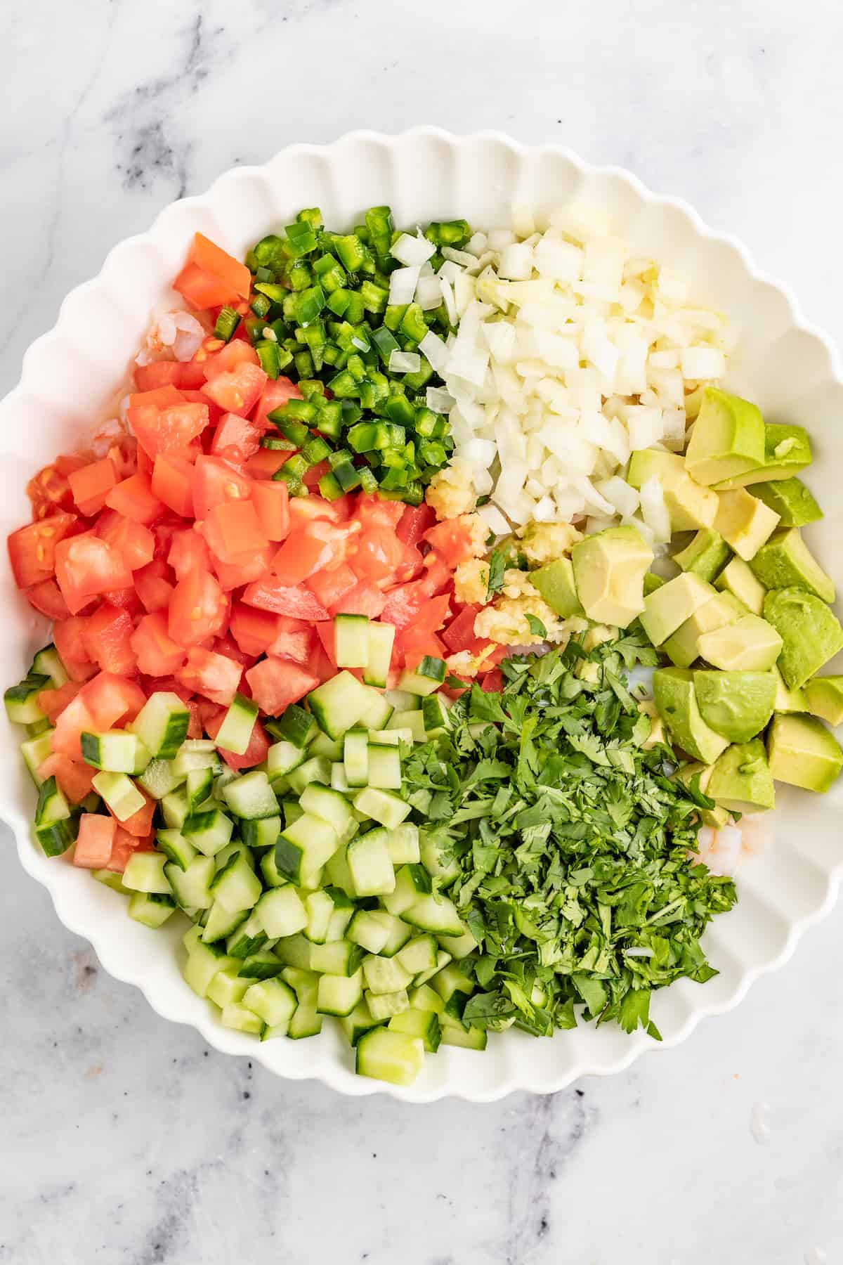 Bowl of chopped veggies for the ceviche. 