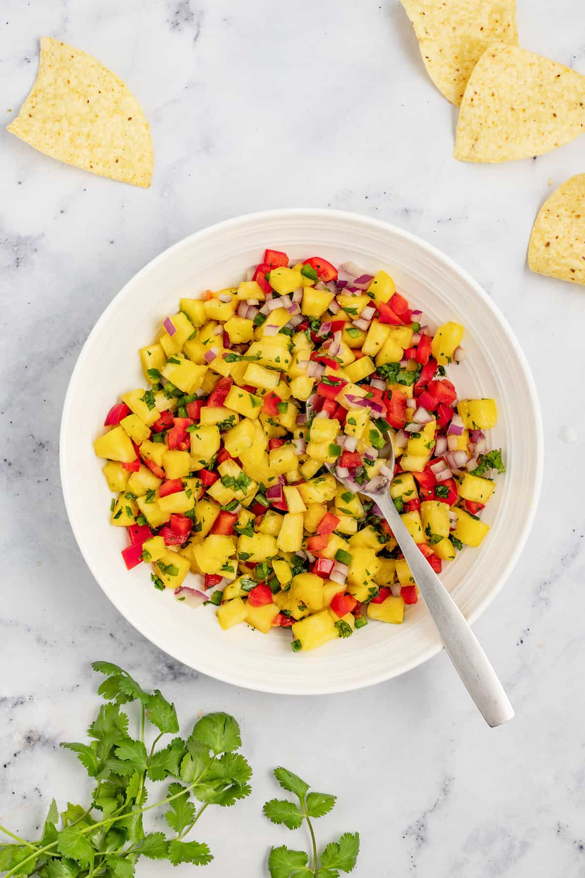 Pineapple salsa in a bowl with corn chips on the side.