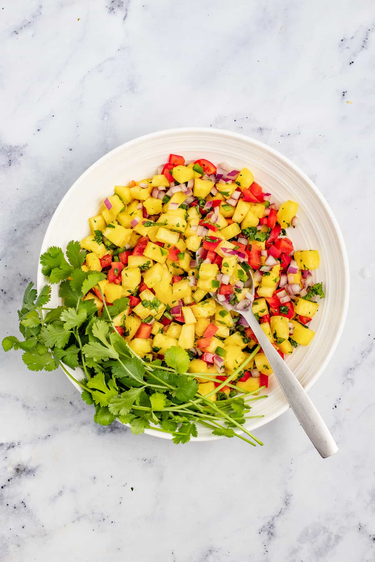 With bell pepper and jalapeño, this 15-minute pineapple salsa is a tangy, fruity, and crunchy addition to your all your meals. Bowl of pineapple salsa with fresh cilantro on the side.