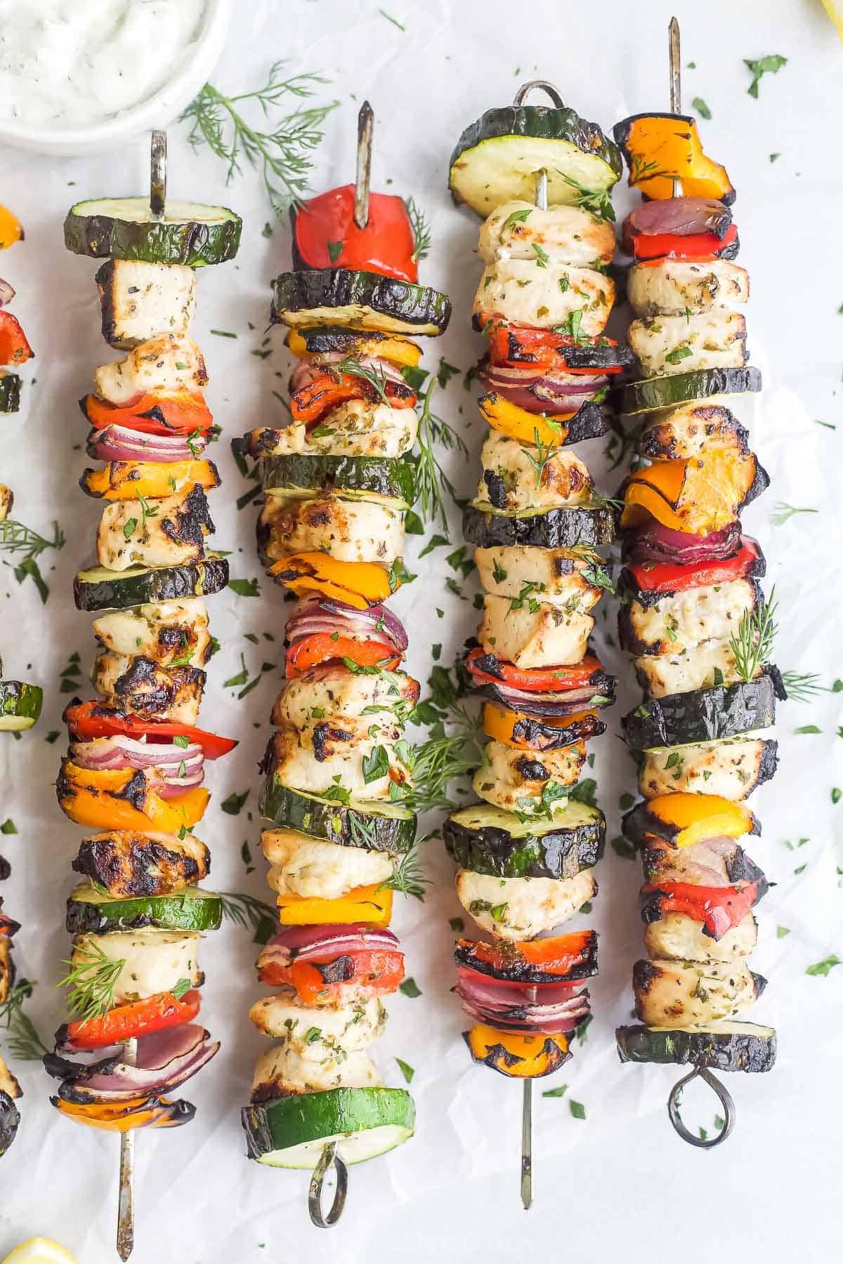 Cooked Mediterranean chicken kabobs. 