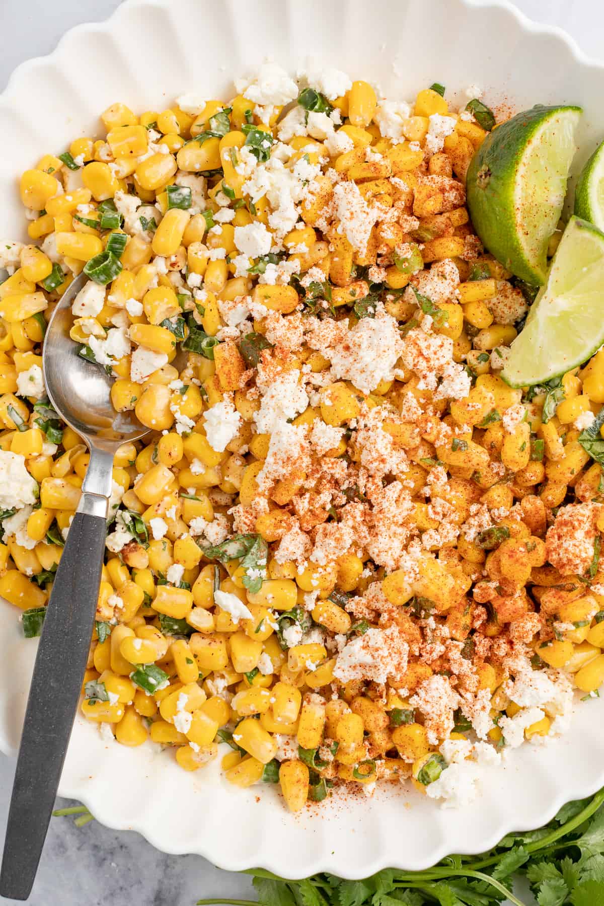 Elote dip in a bowl.