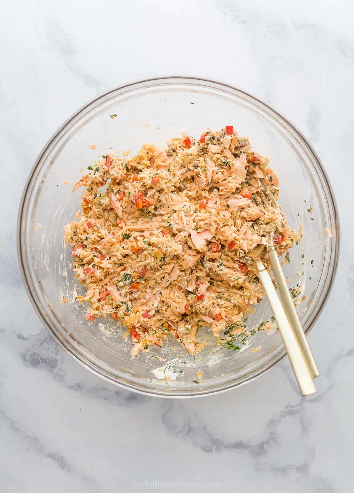 Salmon patty mixture in a bowl.