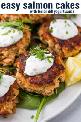 pinterest image for Salmon Cakes with Lemon Yogurt Dill Sauce