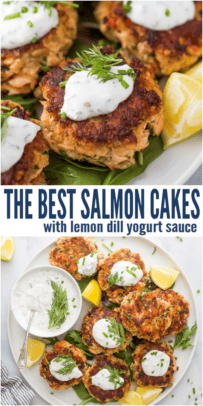 pinterest image for Salmon Cakes with Lemon Yogurt Dill Sauce