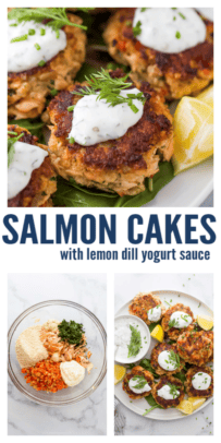 pinterest image for Salmon Cakes with Lemon Yogurt Dill Sauce