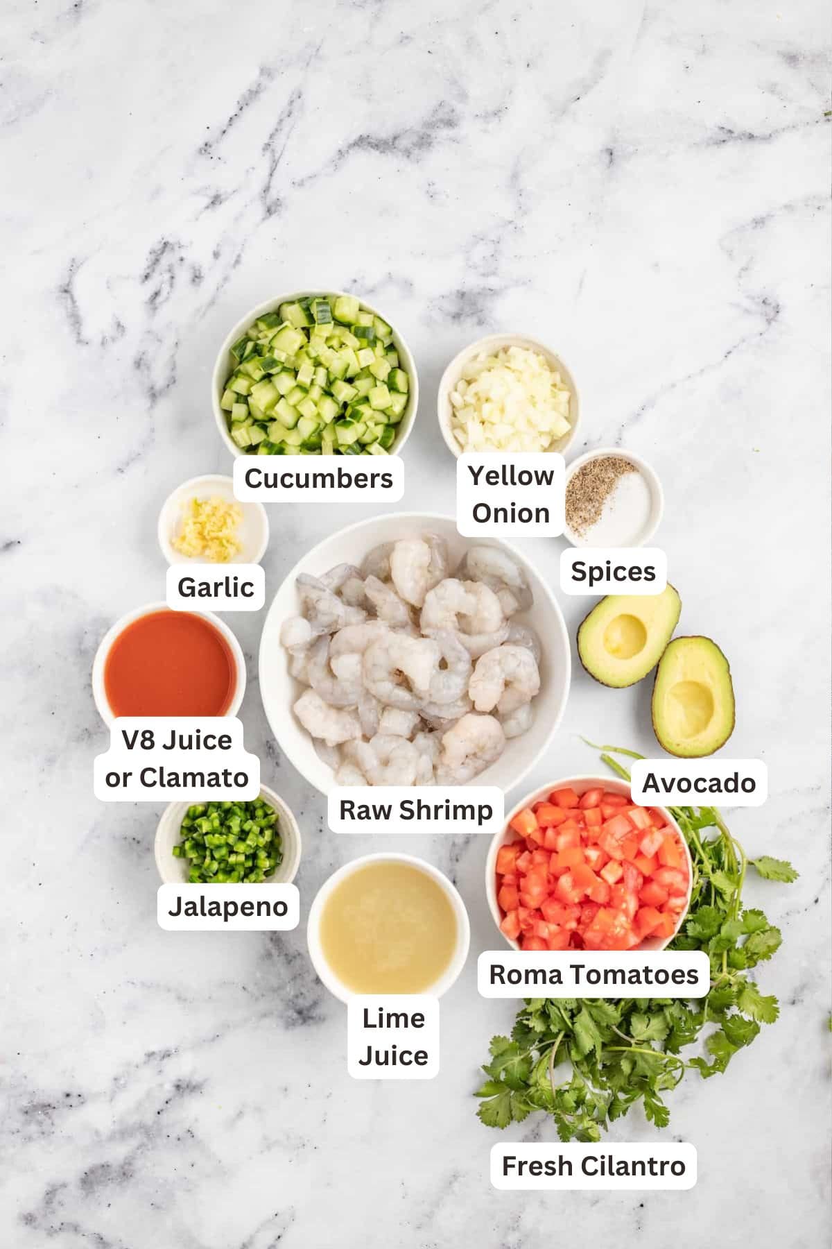 Ingredients for Sonora Style Ceviche de Camaron.